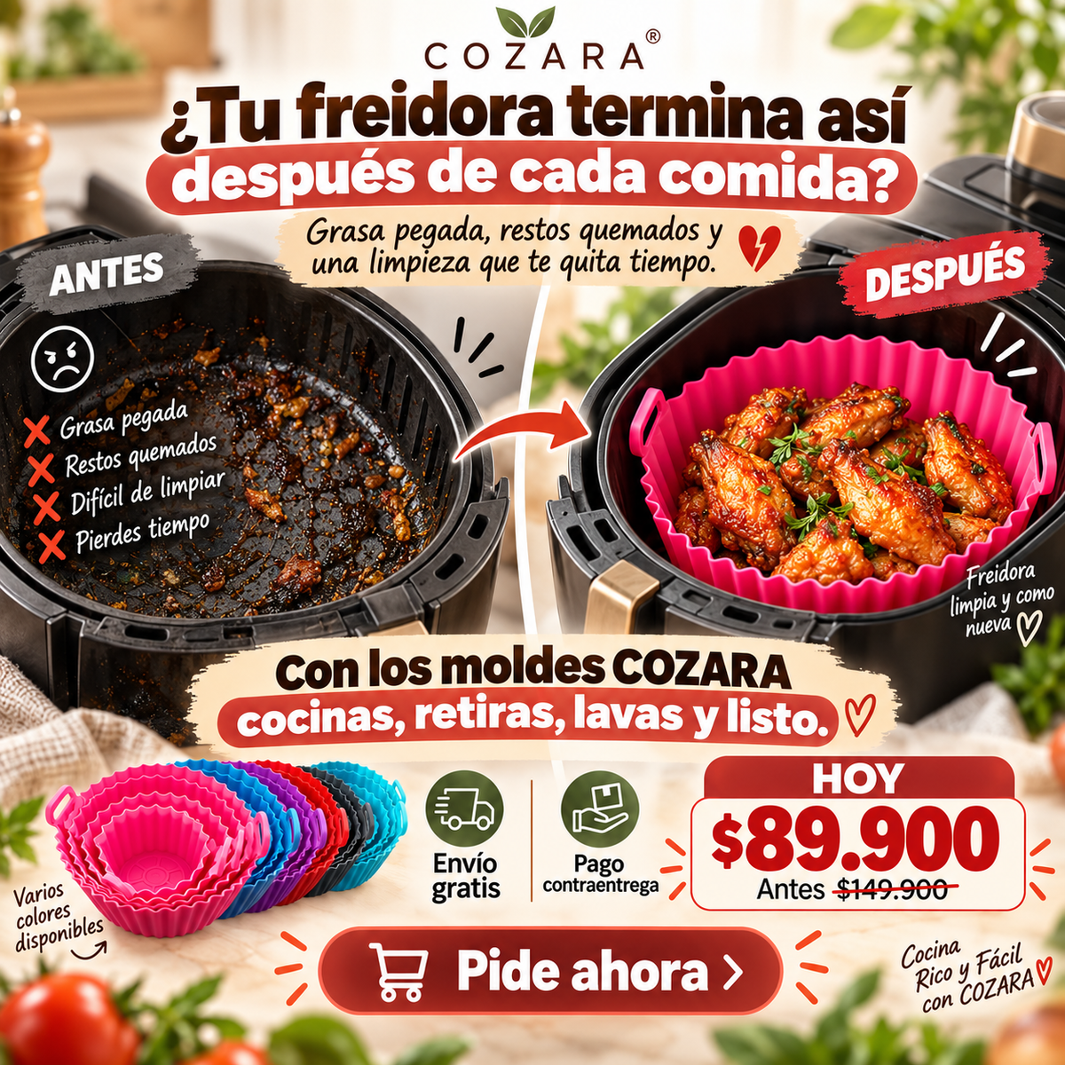 Antes y después usando moldes de silicona COZARA en freidora de aire